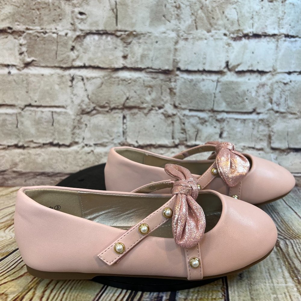 Panda Ninjia Candy Pink Bow Tie Faux Pearl Studded Hook and Loop Dress Flats 3 Y